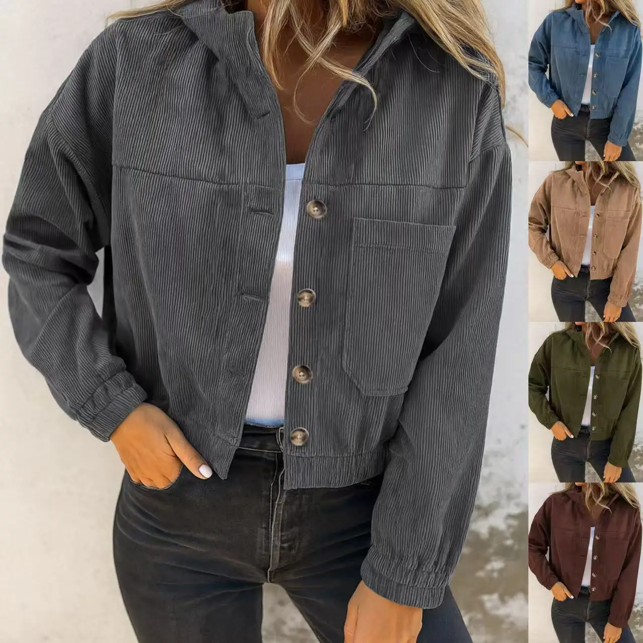 Осеннее женское повседневное короткое пальто, вельветовый кардиган с длинными рукавами и карманами с капюшоном
Осеннее женское повседневное короткое пальто, вельветовый кардиган с длинными рукавами и карманами с капюшоном