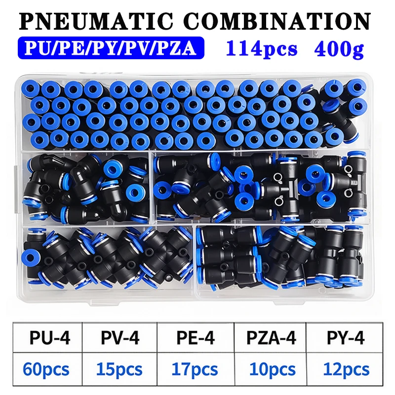 114Pcs/Box 4mm PU-4/PE-4/PZA-4/PY-4/PV-4/PG-4 Air Hose Connector Quick Release Pneumatic Push to Connect Fittings Kit
114Pcs/Box 4mm PU-4/PE-4/PZA-4/PY-4/PV-4/PG-4 Air Hose Connector Quick Release Pneumatic Push to Connect Fittings Kit