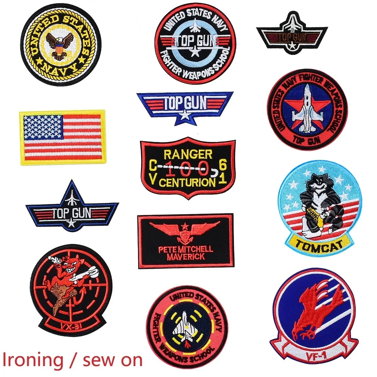 11/13Pcs Top Gun Tomcat Chapter American VF-1 Pilot Armband iron on Adhesive Embroidery Patch for on sew Clothes Badge Sticker
11/13Pcs Top Gun Tomcat Chapter American VF-1 Pilot Armband iron on Adhesive Embroidery Patch for on sew Clothes Badge Sticker