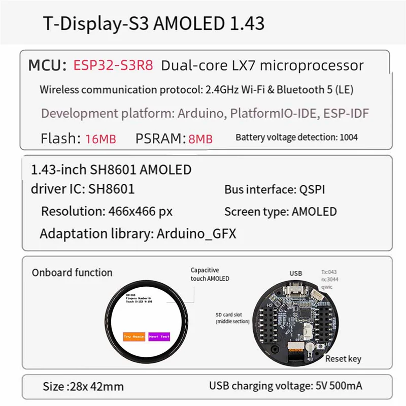 Подходящая макетная плата T-Display-S3 ESP32-S3, 1,43-дюймовый AMOLED, Wi-Fi, Bluetooth, 16 МБ флэш-памяти, 8 МБ PSRAM
Подходящая макетная плата T-Display-S3 ESP32-S3, 1,43-дюймовый AMOLED, Wi-Fi, Bluetooth, 16 МБ флэш-памяти, 8 МБ PSRAM