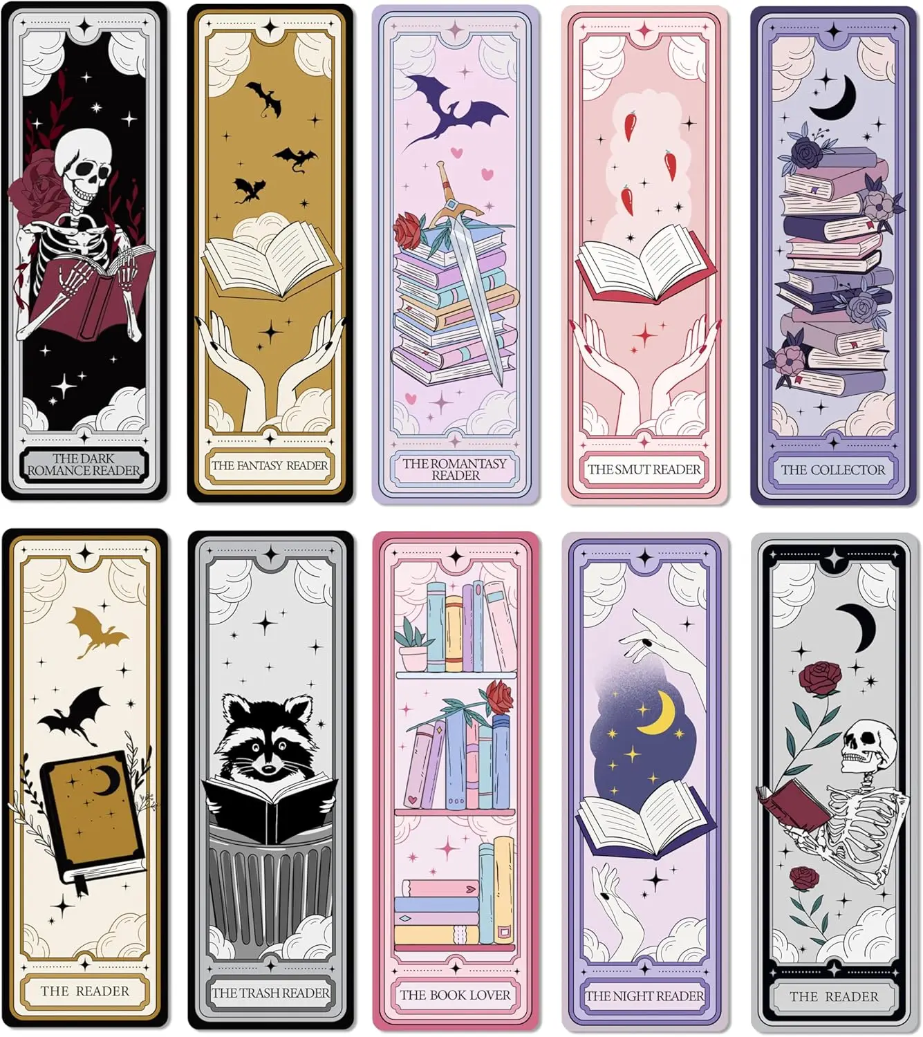 Dark Romance Tarot Bookmarks Set of 10, 6x2 inch Cardstock for Book Lovers
Dark Romance Tarot Bookmarks Set of 10, 6x2 inch Cardstock for Book Lovers