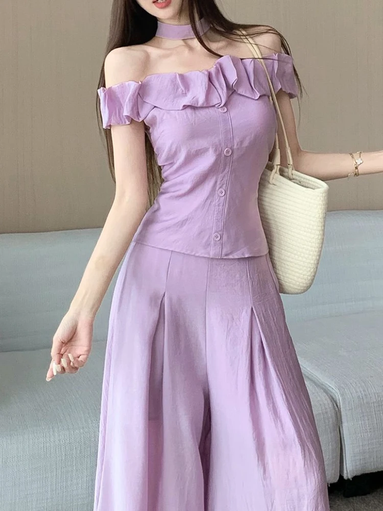 2025 Summer Aging Reduction Fashion Off Shoulder Ruffle Top Wide Leg Pants Women's Simple Casual Slimming Two Piece Set
2025 Summer Aging Reduction Fashion Off Shoulder Ruffle Top Wide Leg Pants Women's Simple Casual Slimming Two Piece Set