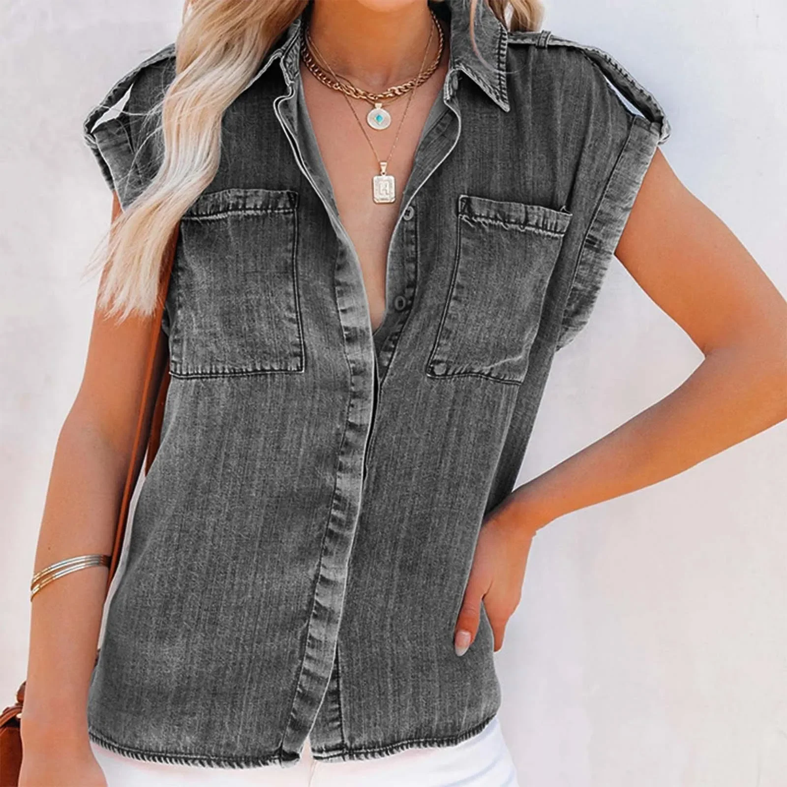 2025 New Summer Sleeveless Blouse Pure Color Retro Women'S Short Sleeve Denim T-Shirts Fashionable Street Outdoor Versatile Top
2025 New Summer Sleeveless Blouse Pure Color Retro Women'S Short Sleeve Denim T-Shirts Fashionable Street Outdoor Versatile Top
