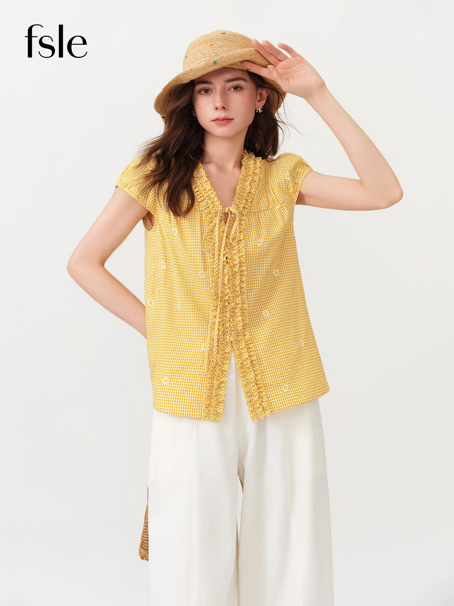 FSLE Women's Bright Yellow Plaid Ruffle V-Neck Tie-Up Blouse 2026 Summer New Arrival Age-Reducing Casual Shir Short Sleeve Tops
FSLE Women's Bright Yellow Plaid Ruffle V-Neck Tie-Up Blouse 2026 Summer New Arrival Age-Reducing Casual Shir Short Sleeve Tops