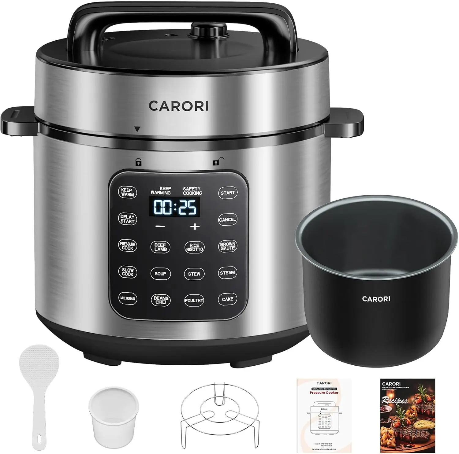 6 Qt Electric Pressure Cooker, 9-in-1 Programmable with Touchscreen, Rice/Slow/Steam/Saute/Warm, 1000W, Silver
6 Qt Electric Pressure Cooker, 9-in-1 Programmable with Touchscreen, Rice/Slow/Steam/Saute/Warm, 1000W, Silver