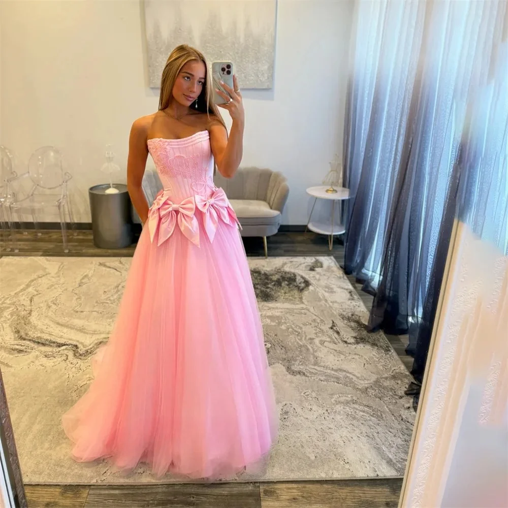 Pink Tulle Evening Dresses with Embroidered Gala Dresses Giant Bow Formal Dresses Strapless A Line Party Dress Customized
Pink Tulle Evening Dresses with Embroidered Gala Dresses Giant Bow Formal Dresses Strapless A Line Party Dress Customized