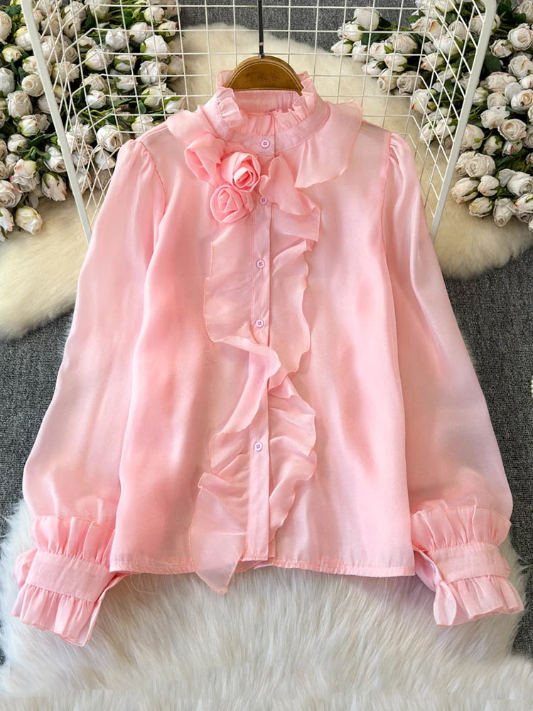 French Retro Ruffled Tuxedo Shirts for Women White Black Pink Chiffon Stand Up Collar Long Sleeved Fashionable Blouse Tops C62
French Retro Ruffled Tuxedo Shirts for Women White Black Pink Chiffon Stand Up Collar Long Sleeved Fashionable Blouse Tops C62