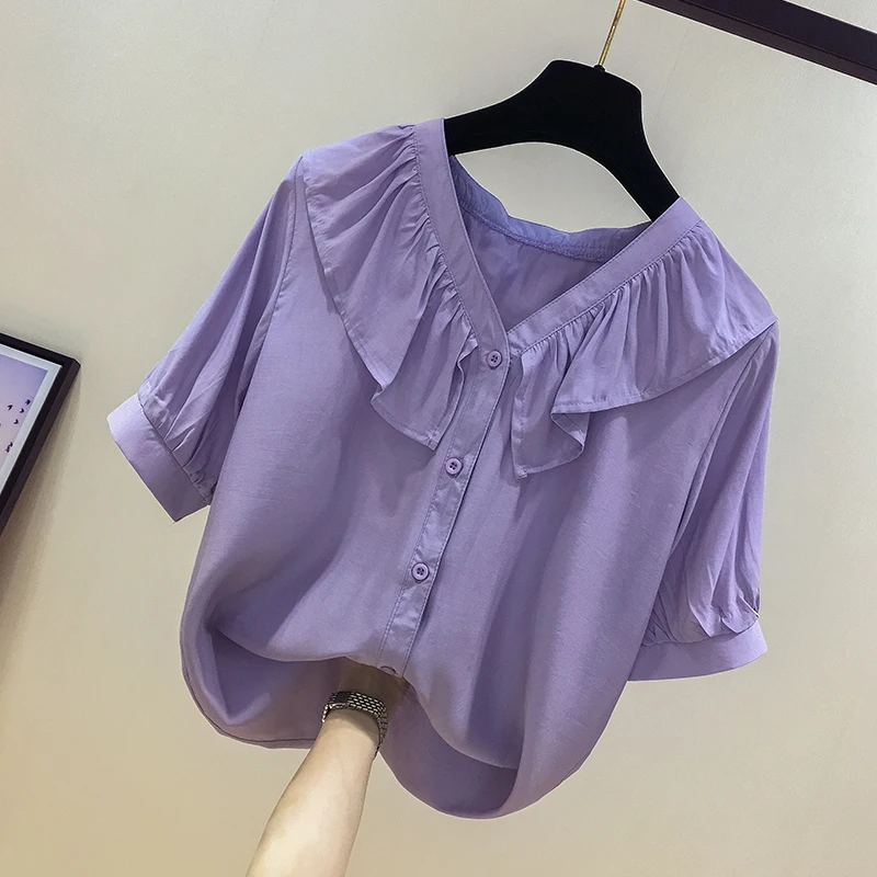 2024 Women's Summer Fashion V-neck Loose Shirts Female Short Sleeve Chiffon Shirt Ladies New Solid Color Casual Blouses J19
2024 Women's Summer Fashion V-neck Loose Shirts Female Short Sleeve Chiffon Shirt Ladies New Solid Color Casual Blouses J19