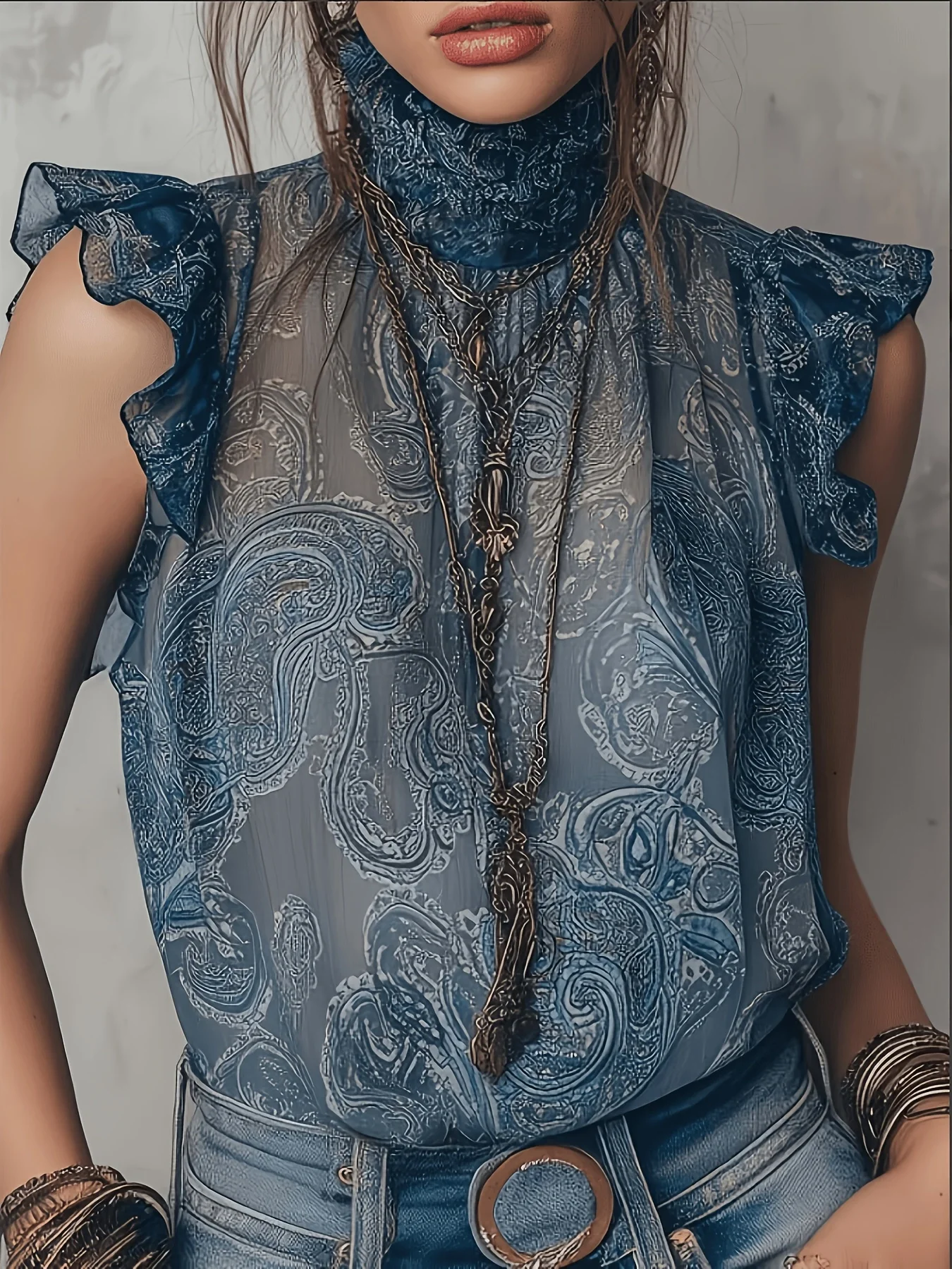 Women's Boho High Neck Blouse Sleeveless Ruffle Detail Paisley Print Sheer Chiffon Casual See-Through Top
Women's Boho High Neck Blouse Sleeveless Ruffle Detail Paisley Print Sheer Chiffon Casual See-Through Top