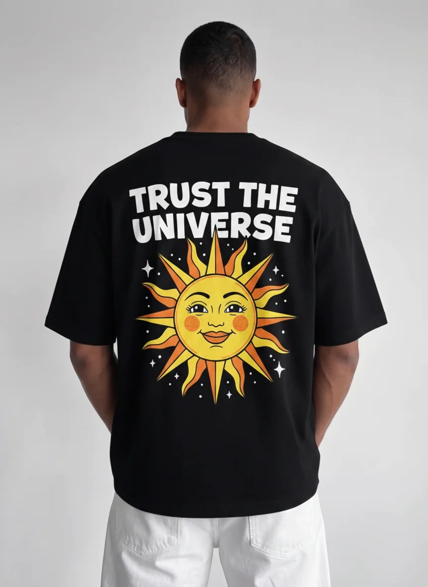 Trust Universe Sun Graphic Tee Black Oversized Printed Tee with Vintage Smiling Sun Illustration Large Back Print Graphic Tee
Trust Universe Sun Graphic Tee Black Oversized Printed Tee with Vintage Smiling Sun Illustration Large Back Print Graphic Tee