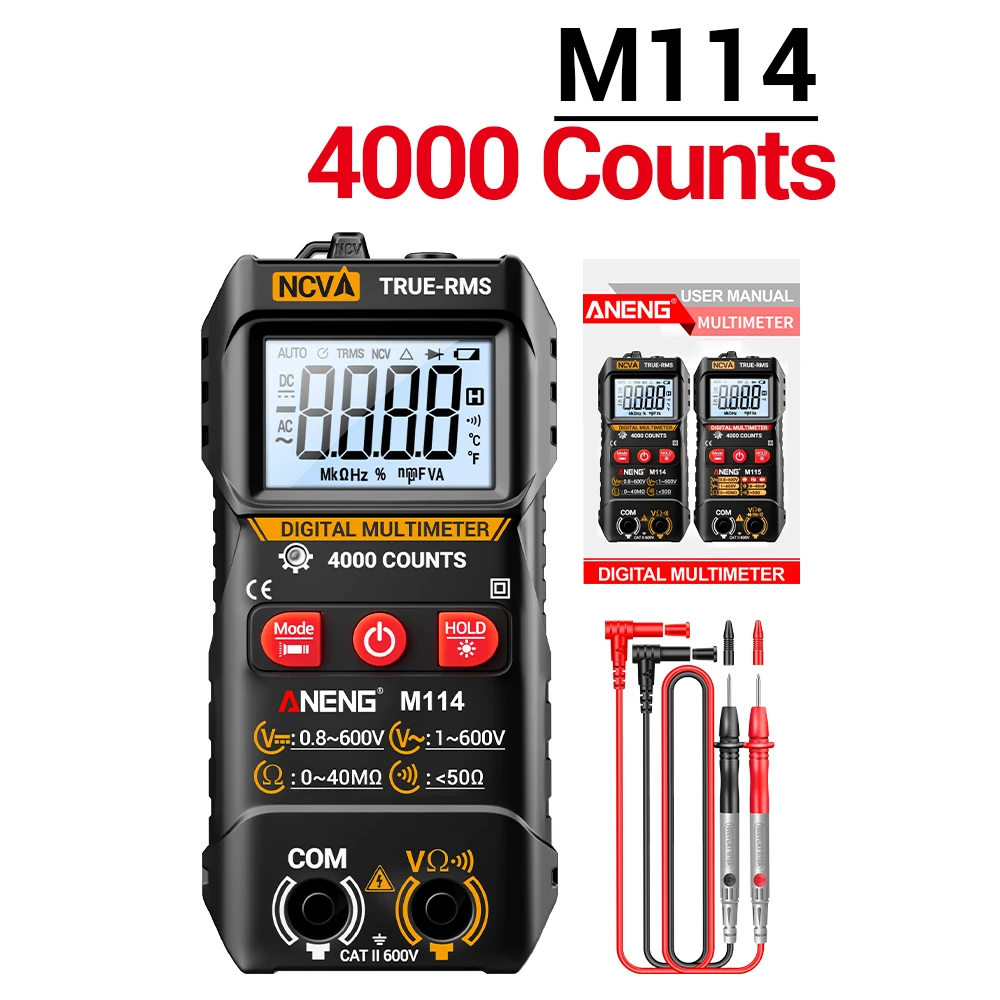 Цифровой мультиметр ANENG M114 с автоматическим выбором диапазона, тестер напряжения AC/DC с функцией NCV и измерением сопротивления
Цифровой мультиметр ANENG M114 с автоматическим выбором диапазона, тестер напряжения AC/DC с функцией NCV и измерением сопротивления