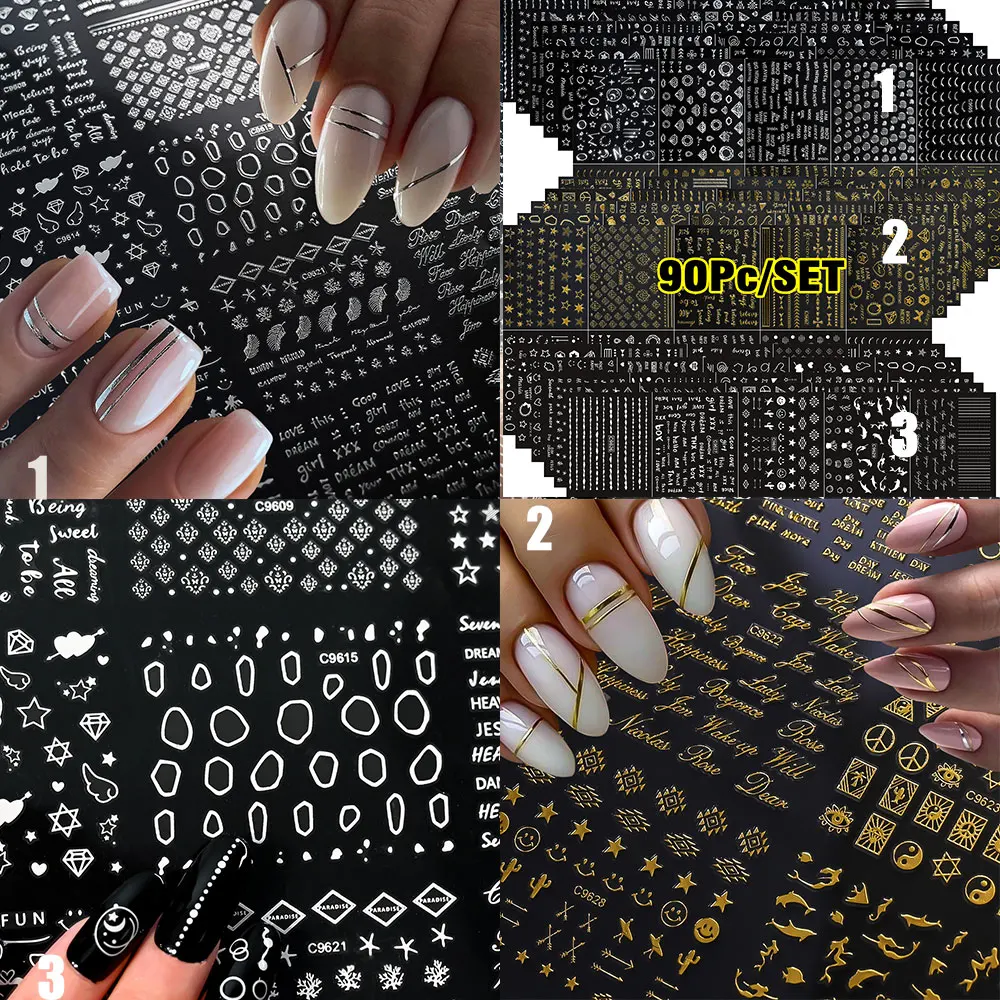 90Pcs/Set 3D Mixed Geometric Star Line Letter Nail Stickers Gold Silver White Pattern Self-Adhesive Nail Decals DIY Nail Supplie
90Pcs/Set 3D Mixed Geometric Star Line Letter Nail Stickers Gold Silver White Pattern Self-Adhesive Nail Decals DIY Nail Supplie