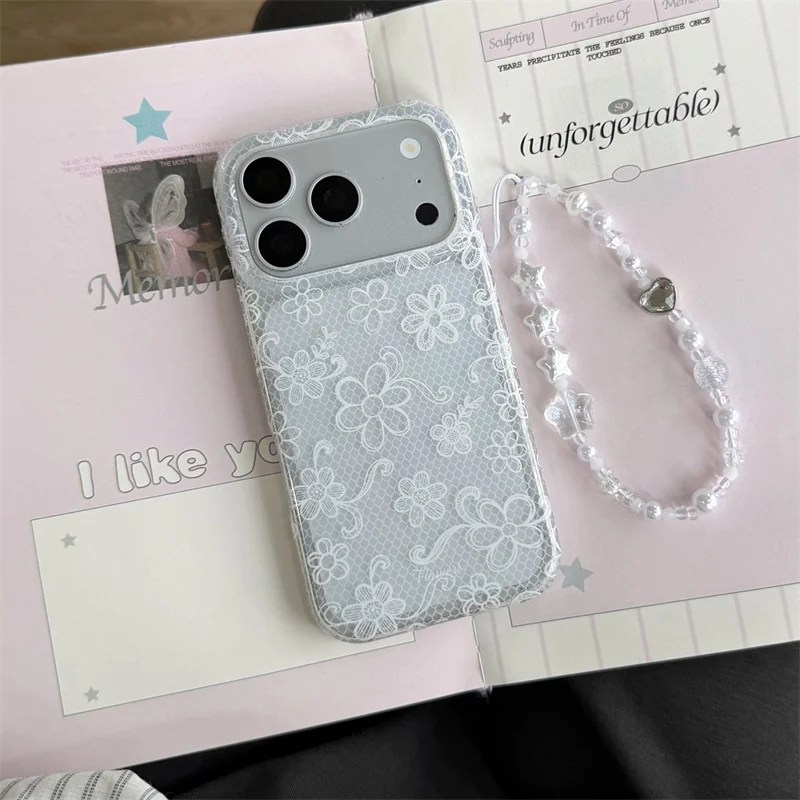 White Lace Floral Phone Case For iPhone 15 16 17 Promax Cute Pearl Bracelet Strap Transparent Shockproof Cover Luxury Women Gift
White Lace Floral Phone Case For iPhone 15 16 17 Promax Cute Pearl Bracelet Strap Transparent Shockproof Cover Luxury Women Gift
