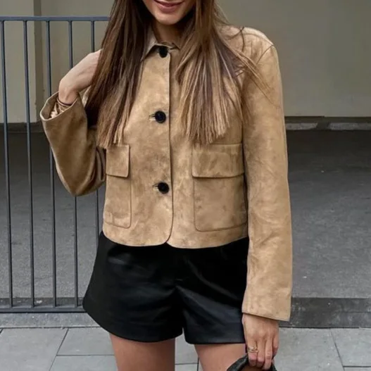 Europe and America Solid Color Long Sleeve Lapel Short Coat, Women's Spring and Autumn Fashion Single-breasted Coat with Pockets
Europe and America Solid Color Long Sleeve Lapel Short Coat, Women's Spring and Autumn Fashion Single-breasted Coat with Pockets