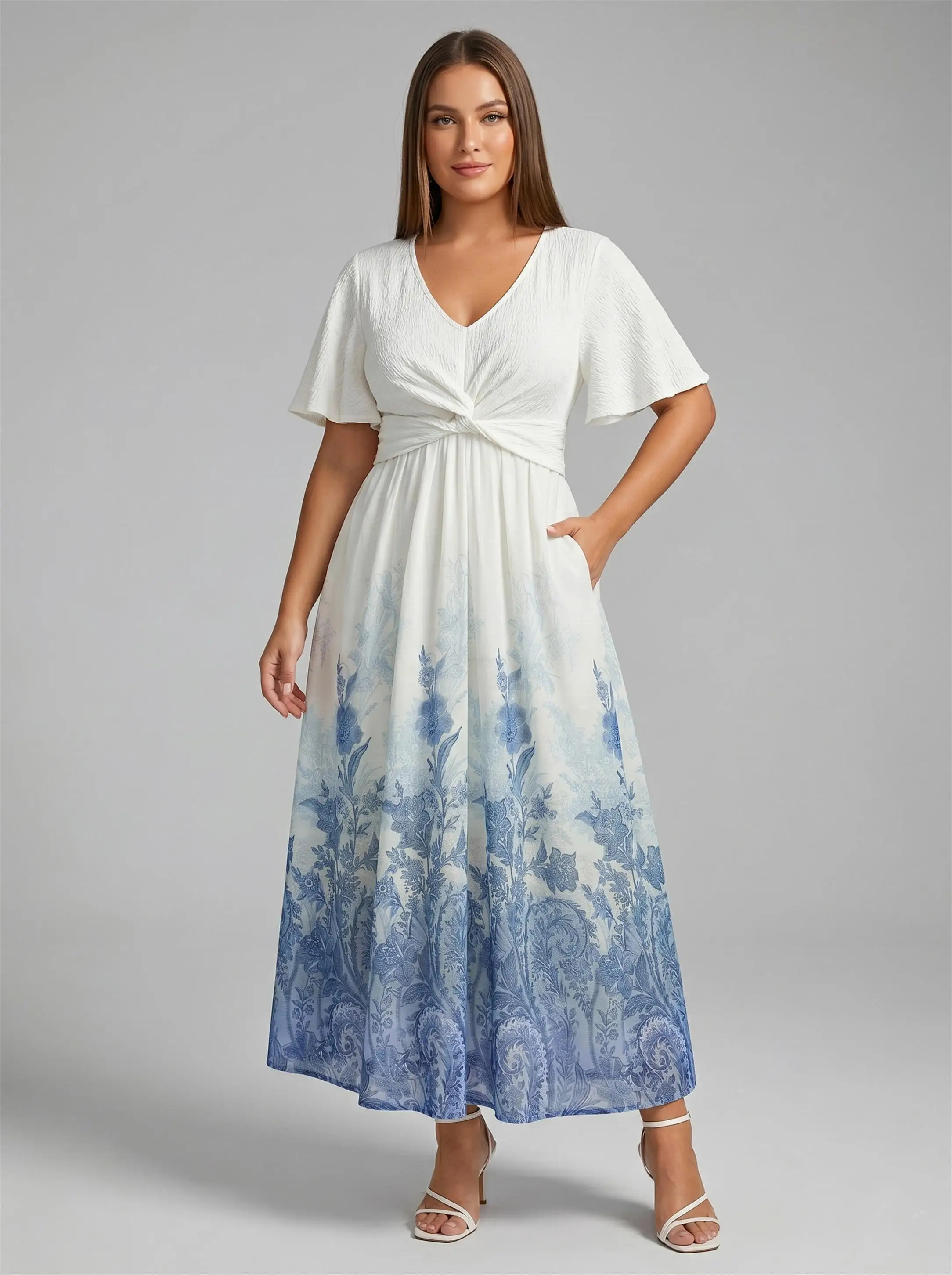 Plus Size Women's V-Neck Dresses Blue And White Porcelain Flowers Printed Twist Hollow Out Back Ruffles Dress Vestidos
Plus Size Women's V-Neck Dresses Blue And White Porcelain Flowers Printed Twist Hollow Out Back Ruffles Dress Vestidos