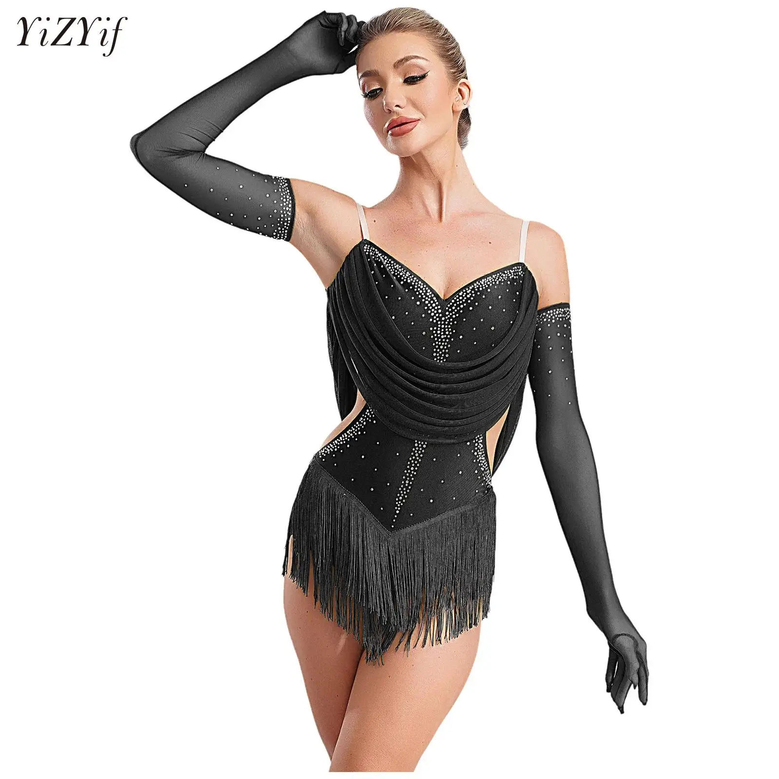 Womens Latin Dance Leotard Dress Tassel Rhinestone Fringed Bodysuit+Gloves Outfits for Tango Cha-Cha Salsa Skating Performance
Womens Latin Dance Leotard Dress Tassel Rhinestone Fringed Bodysuit+Gloves Outfits for Tango Cha-Cha Salsa Skating Performance