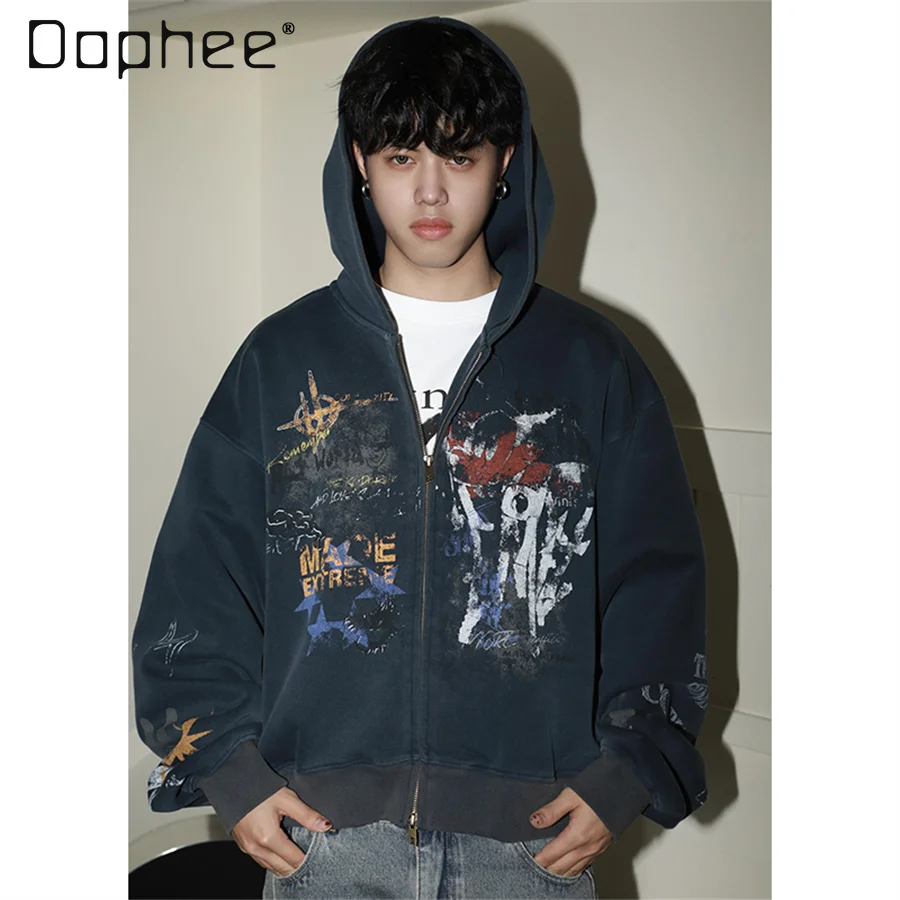 Весенне-осенний новый мужской синий кардиган в американском стиле с граффити, толстовка Street Rock, винтажная черная, серая куртка с капюшоном
Весенне-осенний новый мужской синий кардиган в американском стиле с граффити, толстовка Street Rock, винтажная черная, серая куртка с капюшоном