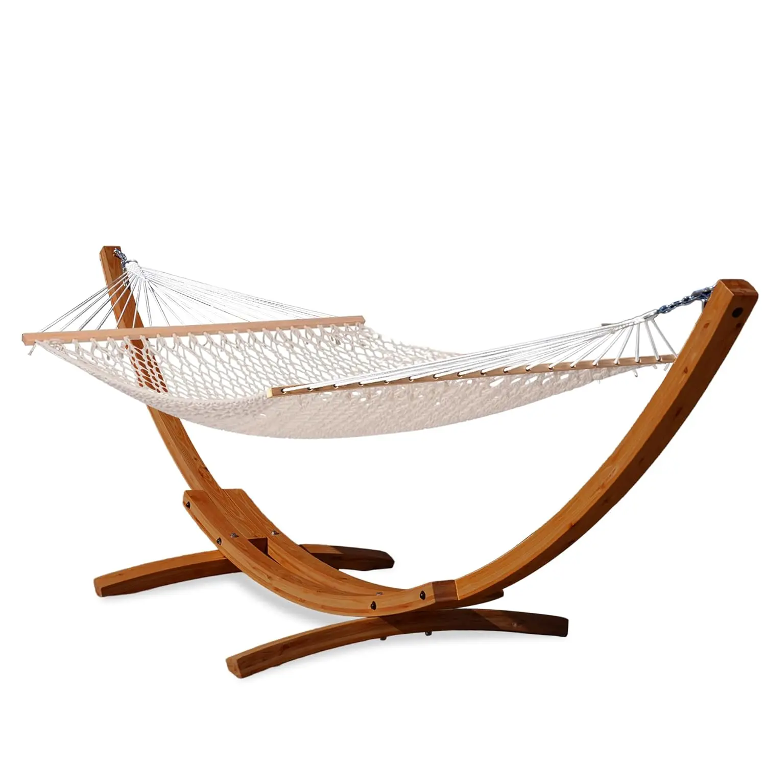 12 FT Double Rope Hammock and 13 FT Brown Wooden Arc Stand, 2 Person Hand Woven Cotton Hammock with Spreader Bar, Customized
12 FT Double Rope Hammock and 13 FT Brown Wooden Arc Stand, 2 Person Hand Woven Cotton Hammock with Spreader Bar, Customized