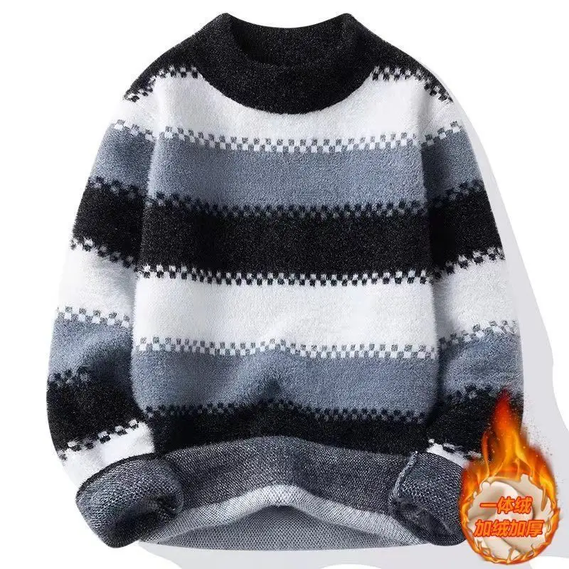 Мужской популярный пуловер с жаккардовым узором, свитер с полувысоким воротником в полоску, теплый вязаный свитер, повседневный свитер с утолщенным ребристым подолом
Мужской популярный пуловер с жаккардовым узором, свитер с полувысоким воротником в полоску, теплый вязаный свитер, повседневный свитер с утолщенным ребристым подолом