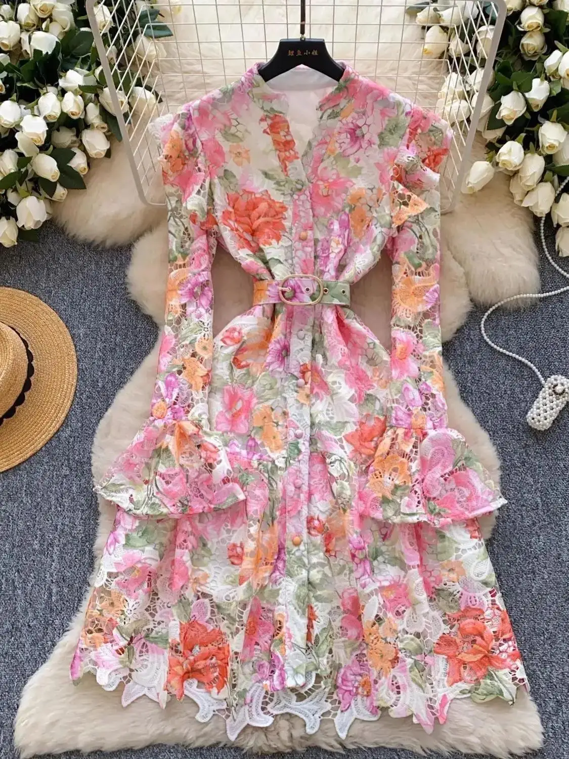 Women V Neck Sashes High Waist Long Flare Sleeve Lace Dress Spring Summer Holiday Flower Embroidery Hollow Out Party Vestidos
Women V Neck Sashes High Waist Long Flare Sleeve Lace Dress Spring Summer Holiday Flower Embroidery Hollow Out Party Vestidos