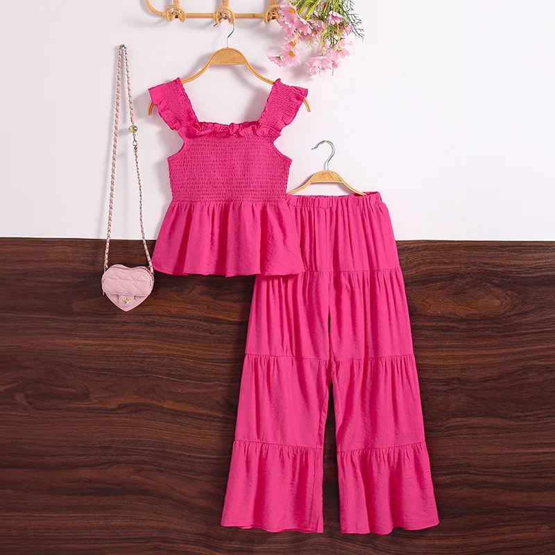 Girls 8-12 Casual 2-Piece Set, Bright Pink Ruffle Strap Smocked Top & Tiered Wide Leg Pants, Cute Summer Outfit for Daily Wear
Girls 8-12 Casual 2-Piece Set, Bright Pink Ruffle Strap Smocked Top & Tiered Wide Leg Pants, Cute Summer Outfit for Daily Wear