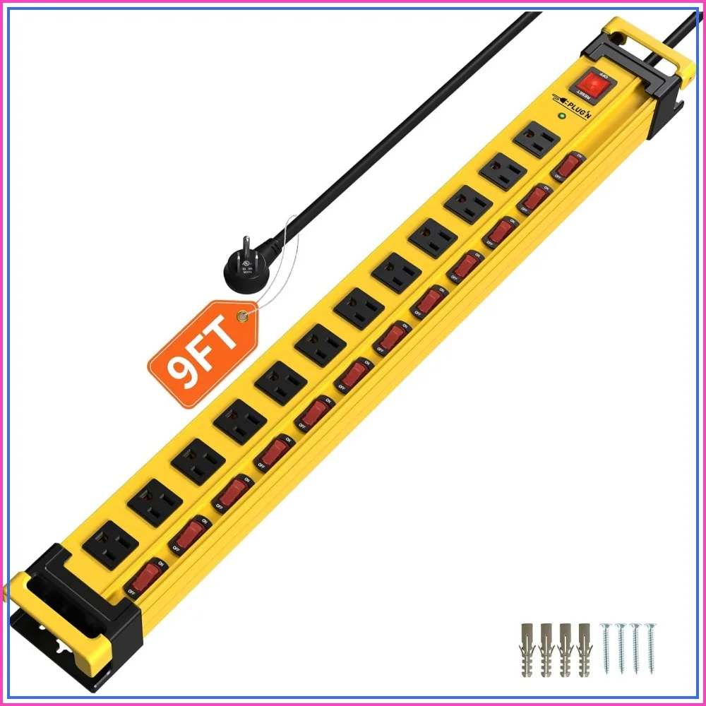 Heavy Duty Power Strip with 12 Outlets, 13 Switches, 3300J Surge Protection, 9FT Cord, Wall Mountable for Workshop Garage
Heavy Duty Power Strip with 12 Outlets, 13 Switches, 3300J Surge Protection, 9FT Cord, Wall Mountable for Workshop Garage