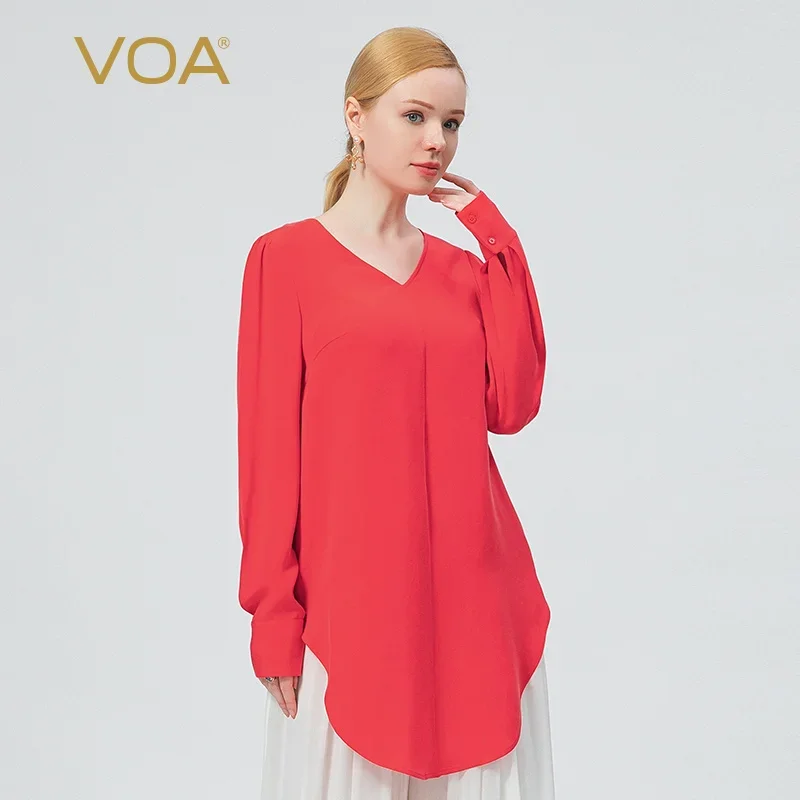 VOA Silk 30m/m Dream Red Tops Female Clothing BE701 V-Neck Long Sleeve Fold Loose Simple Summer Tops Long Women's T-shirt 2022
VOA Silk 30m/m Dream Red Tops Female Clothing BE701 V-Neck Long Sleeve Fold Loose Simple Summer Tops Long Women's T-shirt 2022