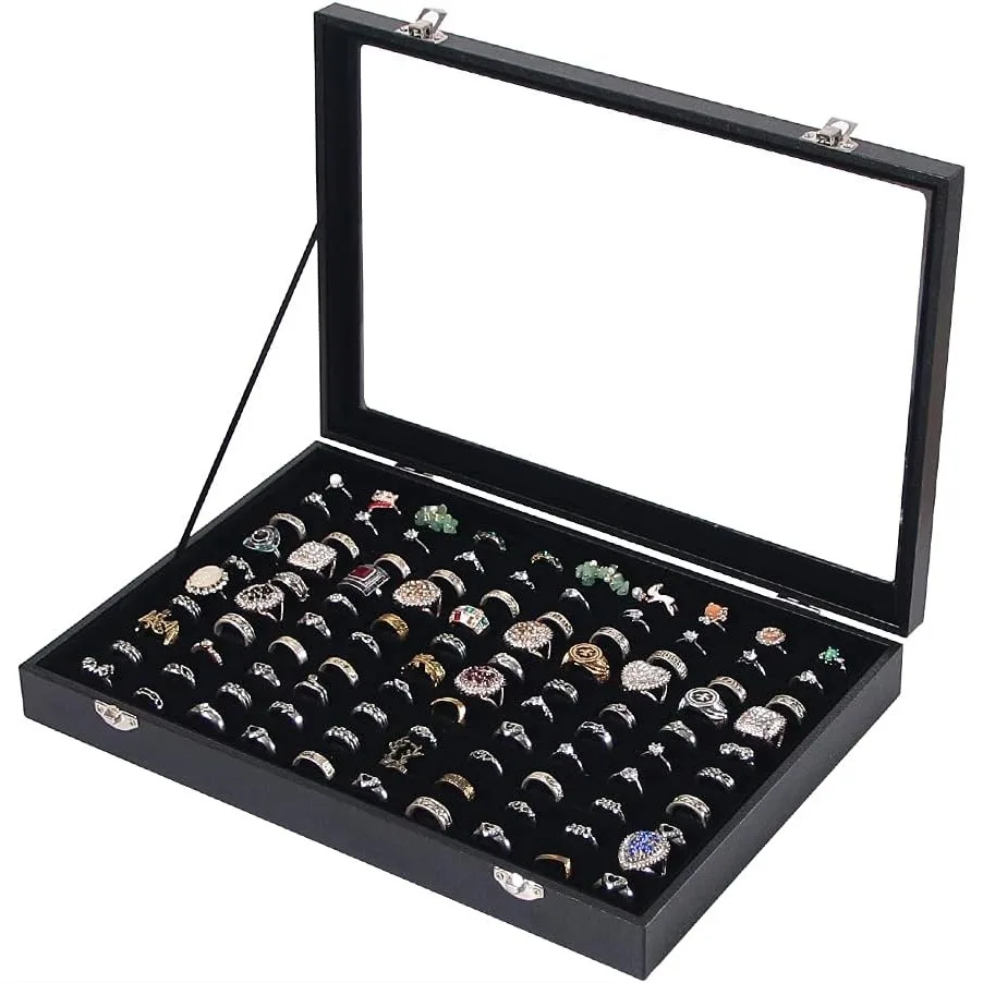 Ring Organizer Box with Glass Lid, 100 Slot Jewelry Display Case for Earrings and Necklaces, Velvet Storage Tray for Vanity
Ring Organizer Box with Glass Lid, 100 Slot Jewelry Display Case for Earrings and Necklaces, Velvet Storage Tray for Vanity