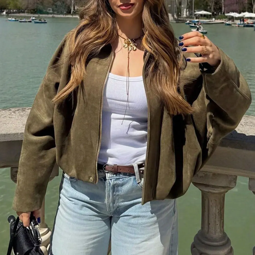 Women's Stand Collar Pilot Jacket Faux Suede Elegant Fashionable Outerwear New Spring Collection
Women's Stand Collar Pilot Jacket Faux Suede Elegant Fashionable Outerwear New Spring Collection