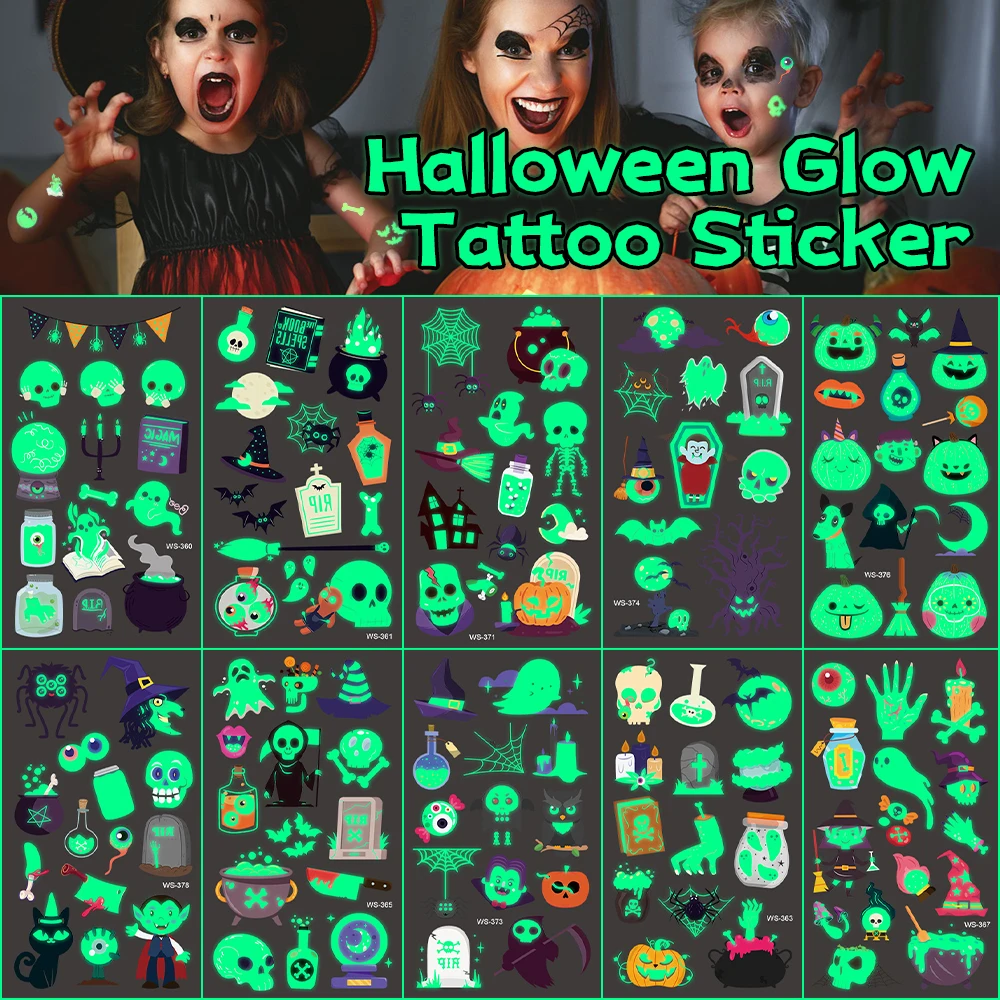 Halloween Luminous Tattoo Stickers for Kids Fake Tattoos Temporary Waterproof Halloween Makeup Face Cartoon Tattoos Stickers 
Halloween Luminous Tattoo Stickers for Kids Fake Tattoos Temporary Waterproof Halloween Makeup Face Cartoon Tattoos Stickers