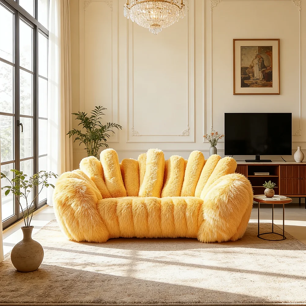 #Modern Yellow Faux Fur Petal Sofa: Plush Vertical Striped Lounge Couch For Living Room Decor
#Modern Yellow Faux Fur Petal Sofa: Plush Vertical Striped Lounge Couch For Living Room Decor