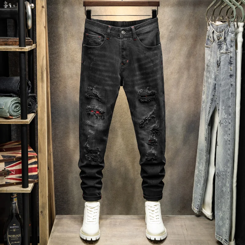 Street Fashion Men Jeans Retro Black Gray Elastic Stretch Slim Ripped Jeans Men Red Plaid Patched Designer Hip Hop Pants Hombre
Street Fashion Men Jeans Retro Black Gray Elastic Stretch Slim Ripped Jeans Men Red Plaid Patched Designer Hip Hop Pants Hombre