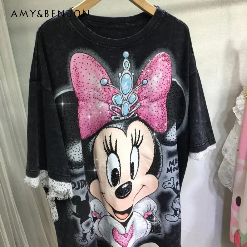 Heavy Industry Sequined T-shirt Ladies Cartoon Loose Splicing Lace Medium And Long Thin Versatile Short Sleeves Tshirts Summer
Heavy Industry Sequined T-shirt Ladies Cartoon Loose Splicing Lace Medium And Long Thin Versatile Short Sleeves Tshirts Summer