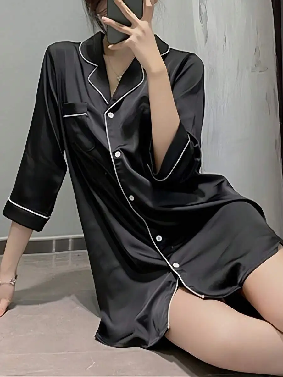Women Contrast Piping Loose Satin Sleep Shirt Nightgown For Fall Winter
Women Contrast Piping Loose Satin Sleep Shirt Nightgown For Fall Winter