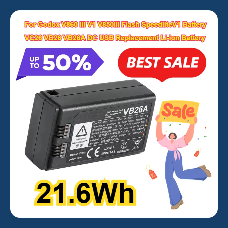 21.6Wh For Godox V860 III V1 V850III Flash Speedlite V1 Battery VC26 VB26 VB26B DC 2980mAh USB Replacement Li-ion Battery
21.6Wh For Godox V860 III V1 V850III Flash Speedlite V1 Battery VC26 VB26 VB26B DC 2980mAh USB Replacement Li-ion Battery