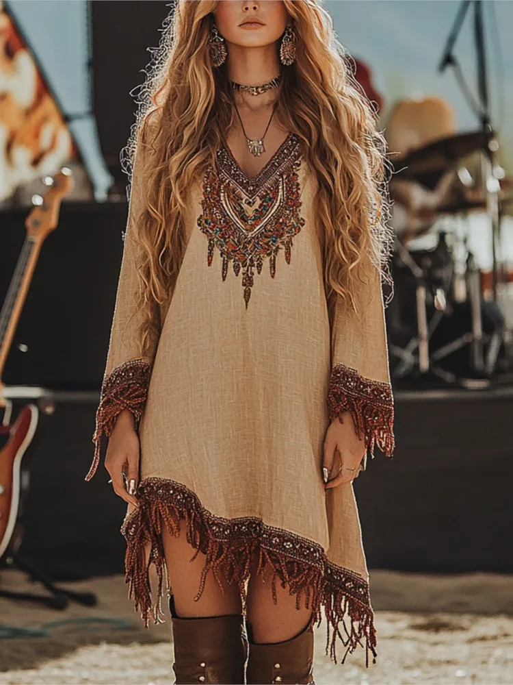 Female Dress Tassel Patchwork V Neck Long Sleeve Ancient Pattern Bohemian Print Loose Robe Music Festival Rock Party Vestidos
Female Dress Tassel Patchwork V Neck Long Sleeve Ancient Pattern Bohemian Print Loose Robe Music Festival Rock Party Vestidos