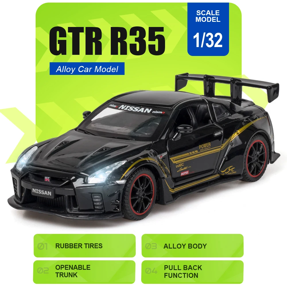 1:32 GTR R35 NISMO Car Model Toy Doors Opened Pull Back Miniature Models Rubber Tires Alloy Diecast Vehicle Office Decoration
1:32 GTR R35 NISMO Car Model Toy Doors Opened Pull Back Miniature Models Rubber Tires Alloy Diecast Vehicle Office Decoration