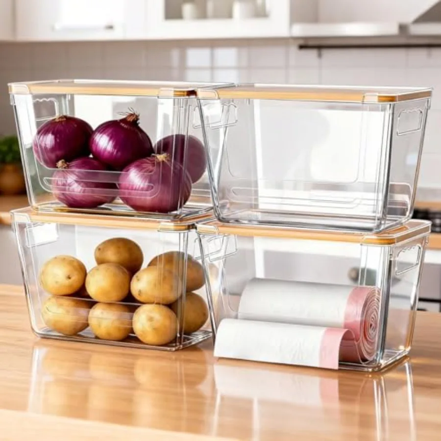 4 Pack Clear Storage Bins with Bamboo Lid, Garbage Bag Dispenser, Pantry Organizers and Storage for Onion Potato, Under Sink Or
4 Pack Clear Storage Bins with Bamboo Lid, Garbage Bag Dispenser, Pantry Organizers and Storage for Onion Potato, Under Sink Or