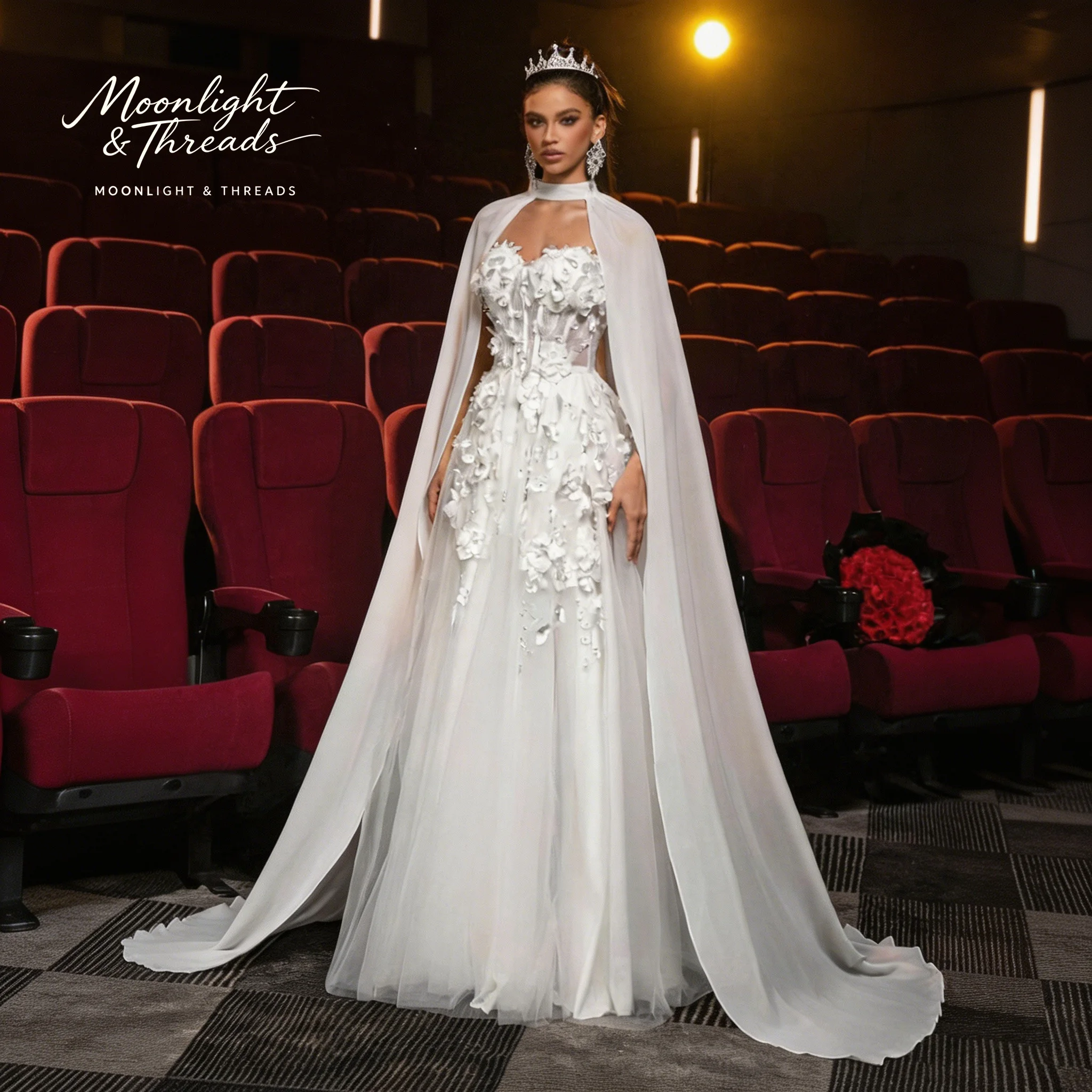 White strapless sleeveless floor-length ball gown for formal weddings featuring appliqué boning and a halter-style wrap
White strapless sleeveless floor-length ball gown for formal weddings featuring appliqué boning and a halter-style wrap