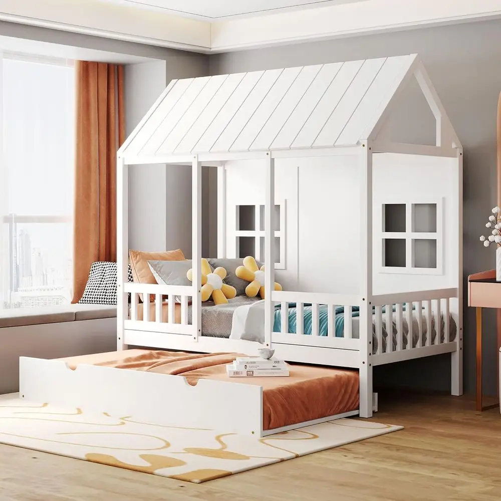 Twin Size Wooden Daybed with Trundle and Roof for Kids, Teens, Boys & Girls (White)
Twin Size Wooden Daybed with Trundle and Roof for Kids, Teens, Boys & Girls (White)