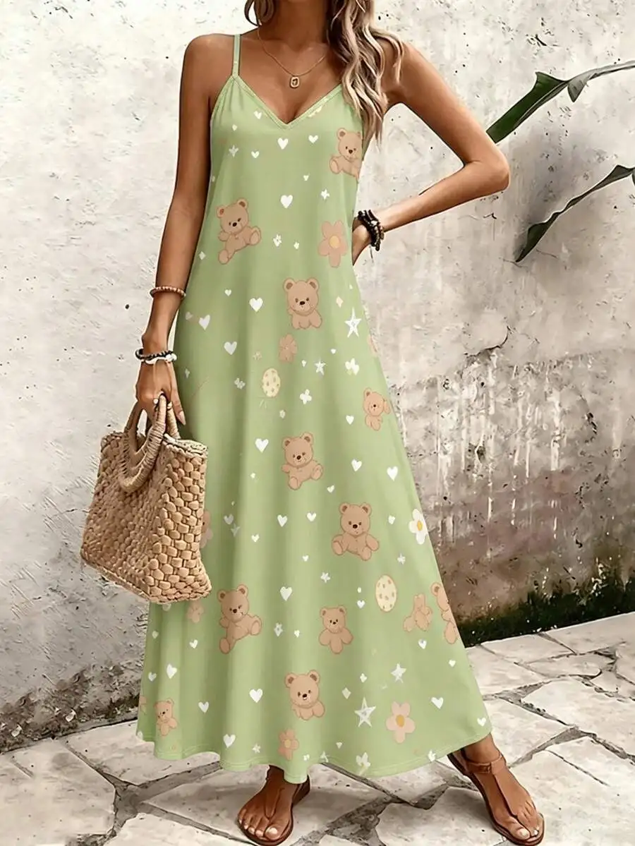 Bear And Heart Print Womens Spaghetti Strap Maxi Dress Polyester Lightweight Casual Summer Dress
Bear And Heart Print Womens Spaghetti Strap Maxi Dress Polyester Lightweight Casual Summer Dress