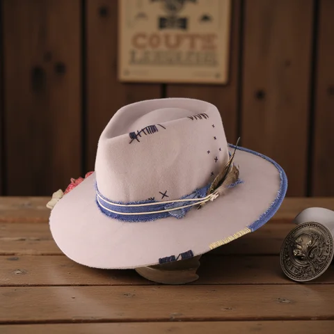 Cappello Fedora in stile western 100% lana |   Berretto jazz in feltro con nastro intrecciato e finiture in piume per l'autunno/inverno ​