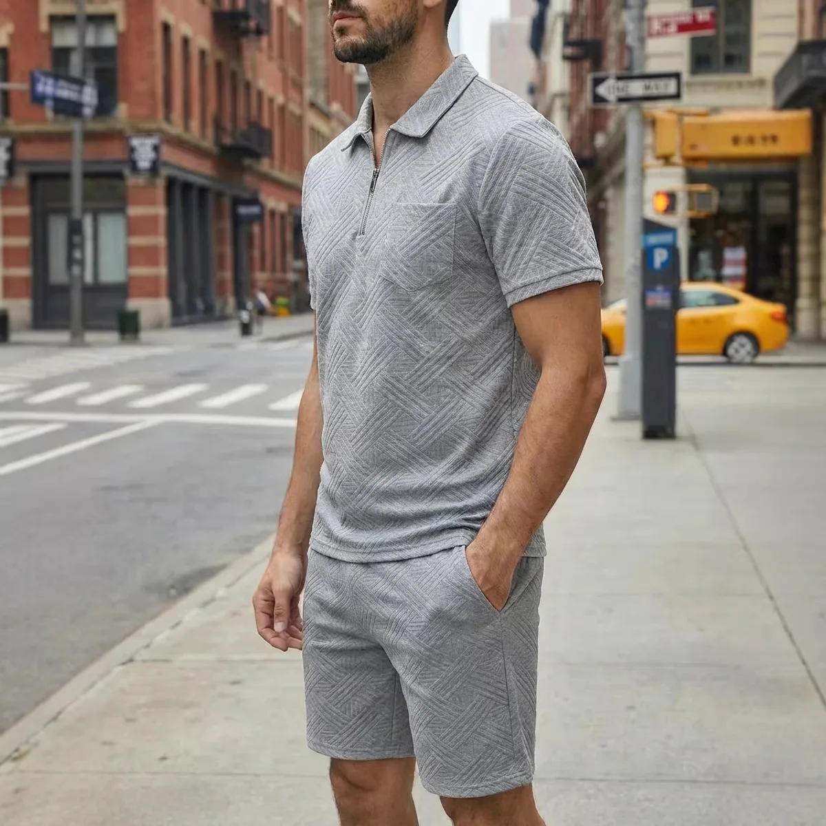 New high-quality men's solid-color, button-down, jacquard Polo shirt set with half-opened short-sleeved and short-Casual dressin
New high-quality men's solid-color, button-down, jacquard Polo shirt set with half-opened short-sleeved and short-Casual dressin