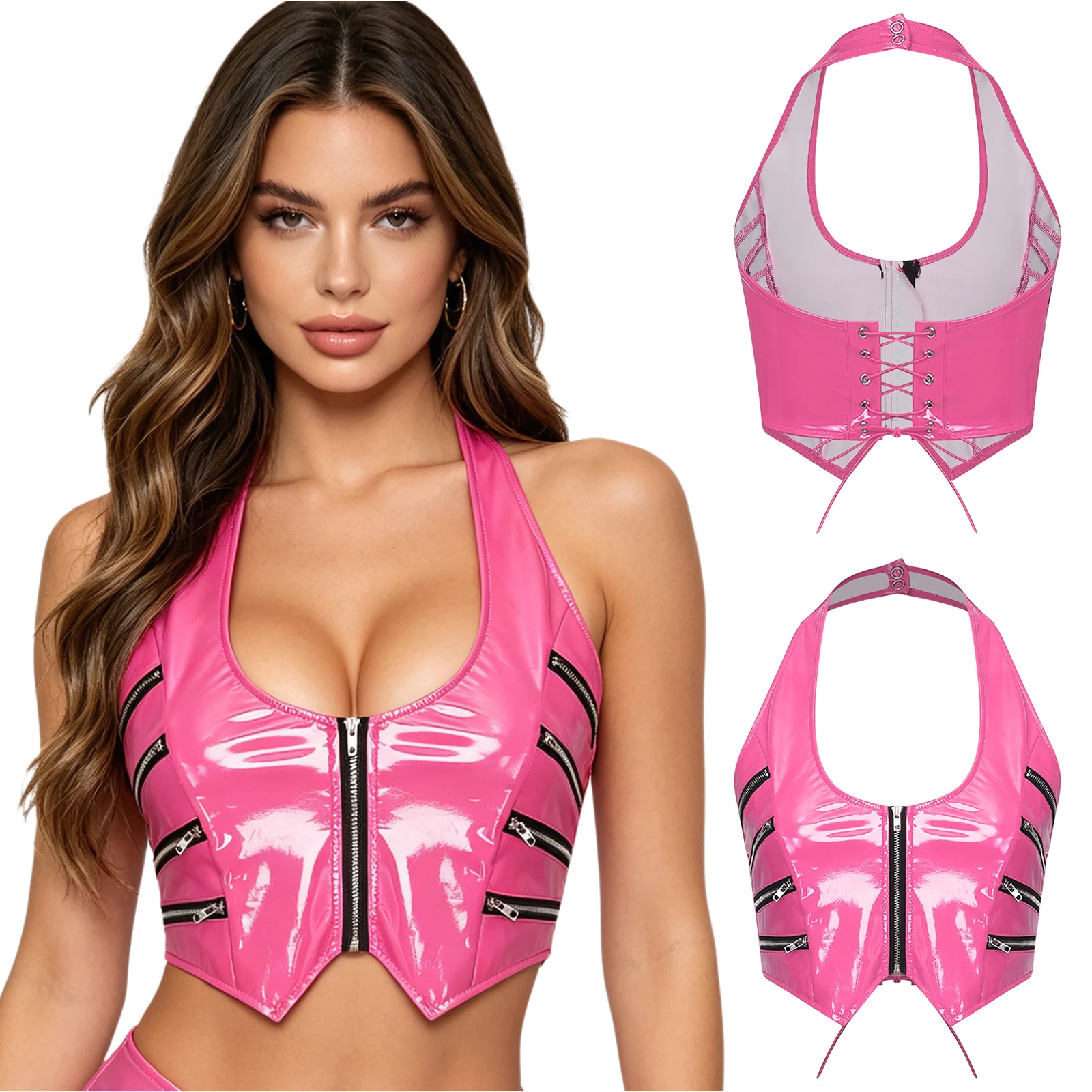 Womens Glossy PU Leather Vest Mini Corset Halter Latex Crop Tank Top Zip Front Zipper Back Lace-up V Neck Crop Y2k Clubwear
Womens Glossy PU Leather Vest Mini Corset Halter Latex Crop Tank Top Zip Front Zipper Back Lace-up V Neck Crop Y2k Clubwear