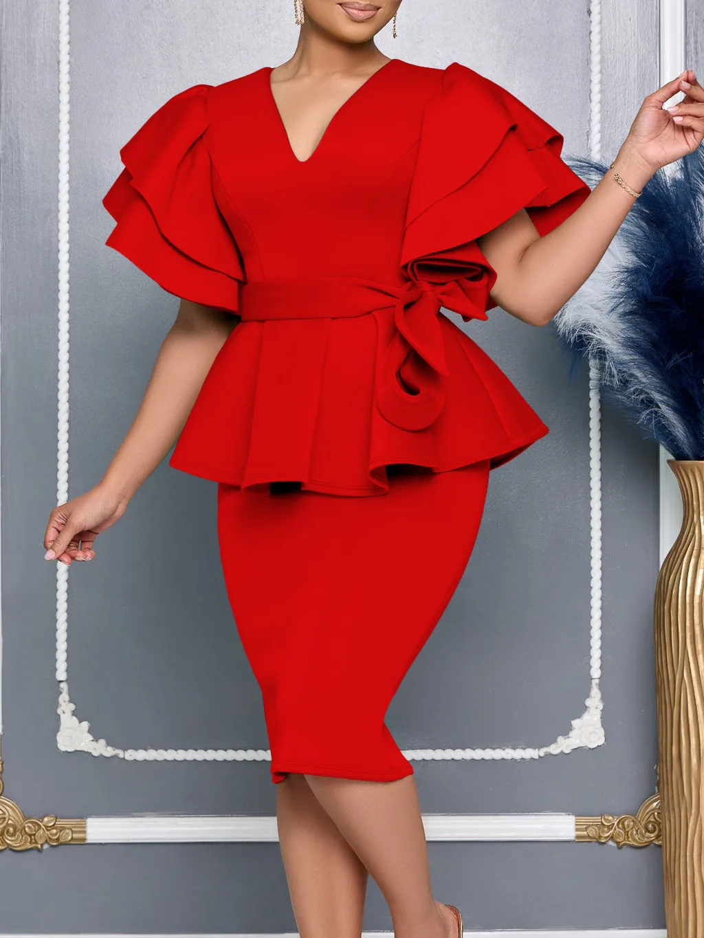 Spring new fashion temperament elegant ruffled solid color cover buttock banquet dress private dress socialite V-neck dress
Spring new fashion temperament elegant ruffled solid color cover buttock banquet dress private dress socialite V-neck dress