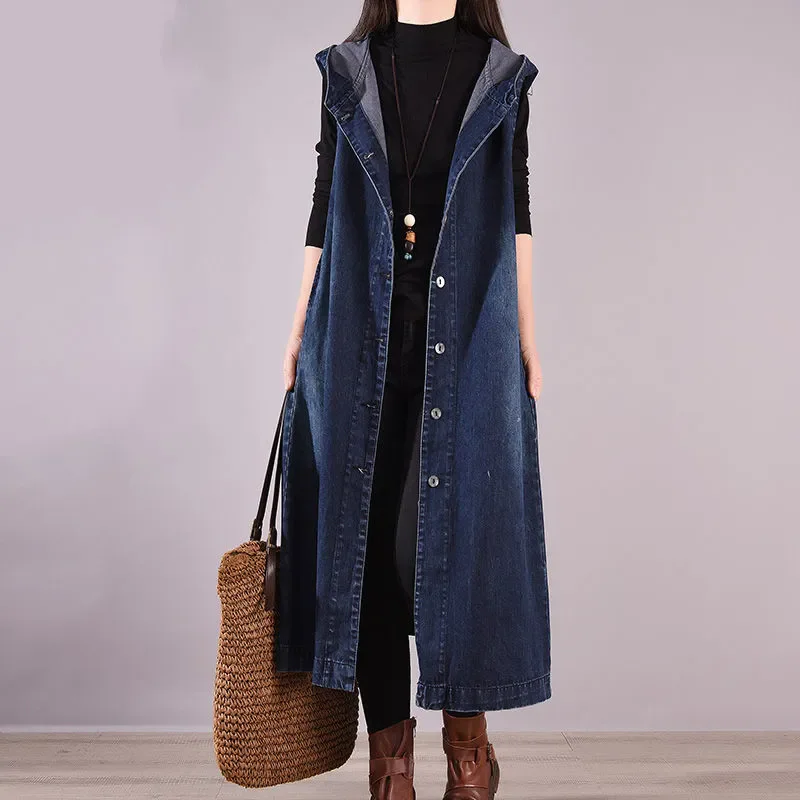 Casual Solid Color Long Denim Vest Women Spring Autumn New Fashion Sleeveless Hooded Jacket Korean Loose Waistcoat Female T1073
Casual Solid Color Long Denim Vest Women Spring Autumn New Fashion Sleeveless Hooded Jacket Korean Loose Waistcoat Female T1073