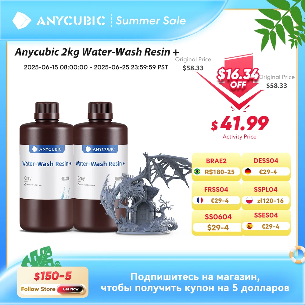 ANYCUBIC Смола для стирки воды для ЖК- 3D-принтера Высокая точность Низкий запах Низкая вязкость 3D-печать Стандартный фотополимер
ANYCUBIC Смола для стирки воды для ЖК- 3D-принтера Высокая точность Низкий запах Низкая вязкость 3D-печать Стандартный фотополимер
