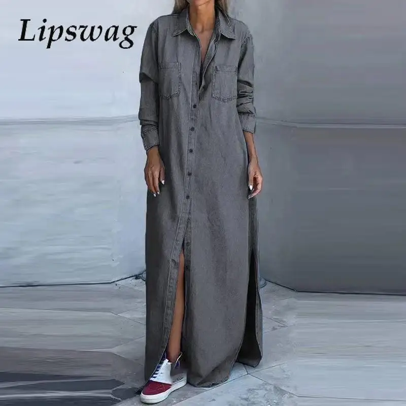 Elegant Lapel Long Sleeves Denim Dress Women's Fashion Single-breasted Loose Party Dress Sexy Side Split Solid Color Long Dress
Elegant Lapel Long Sleeves Denim Dress Women's Fashion Single-breasted Loose Party Dress Sexy Side Split Solid Color Long Dress
