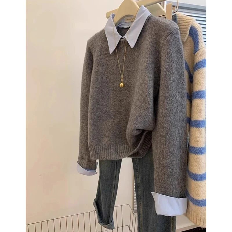 New 2025 Autumn Fake two pieces Women Sweater Long Sleeve Bottoming lapel Casual Pullovers Knitwear Female Jumper Tops
New 2025 Autumn Fake two pieces Women Sweater Long Sleeve Bottoming lapel Casual Pullovers Knitwear Female Jumper Tops