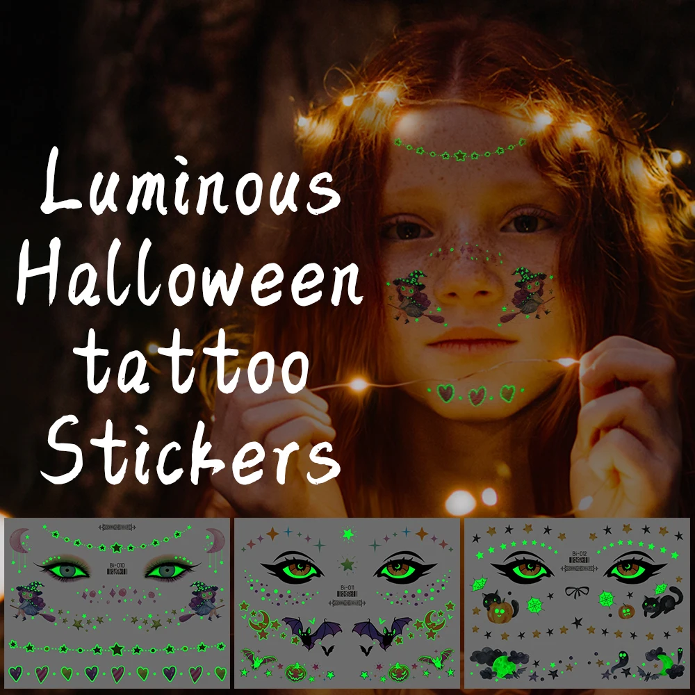 Cute Halloween Face Luminous Tattoo Sticker Temporary Waterproof Body Art Fake Tattoos Women Party Festival Make Up Products
Cute Halloween Face Luminous Tattoo Sticker Temporary Waterproof Body Art Fake Tattoos Women Party Festival Make Up Products